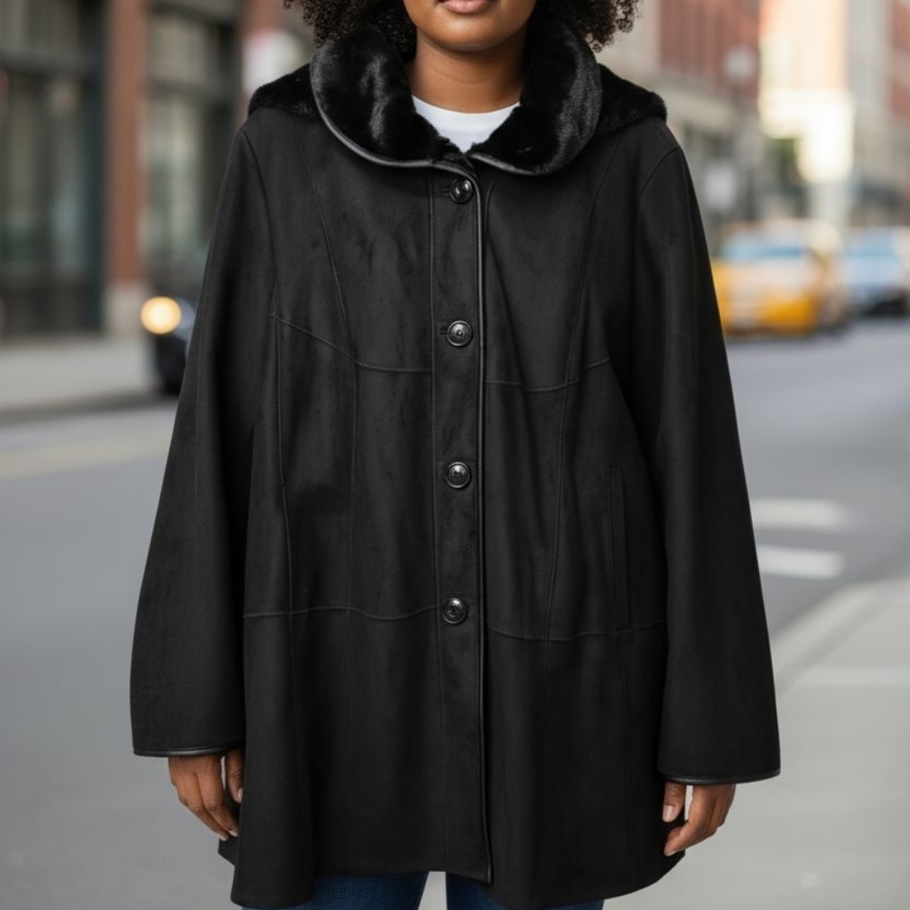 Gallery Woman Winter Coat Womens Plus Size 3X Black Faux Fur Leather Hood Pocket